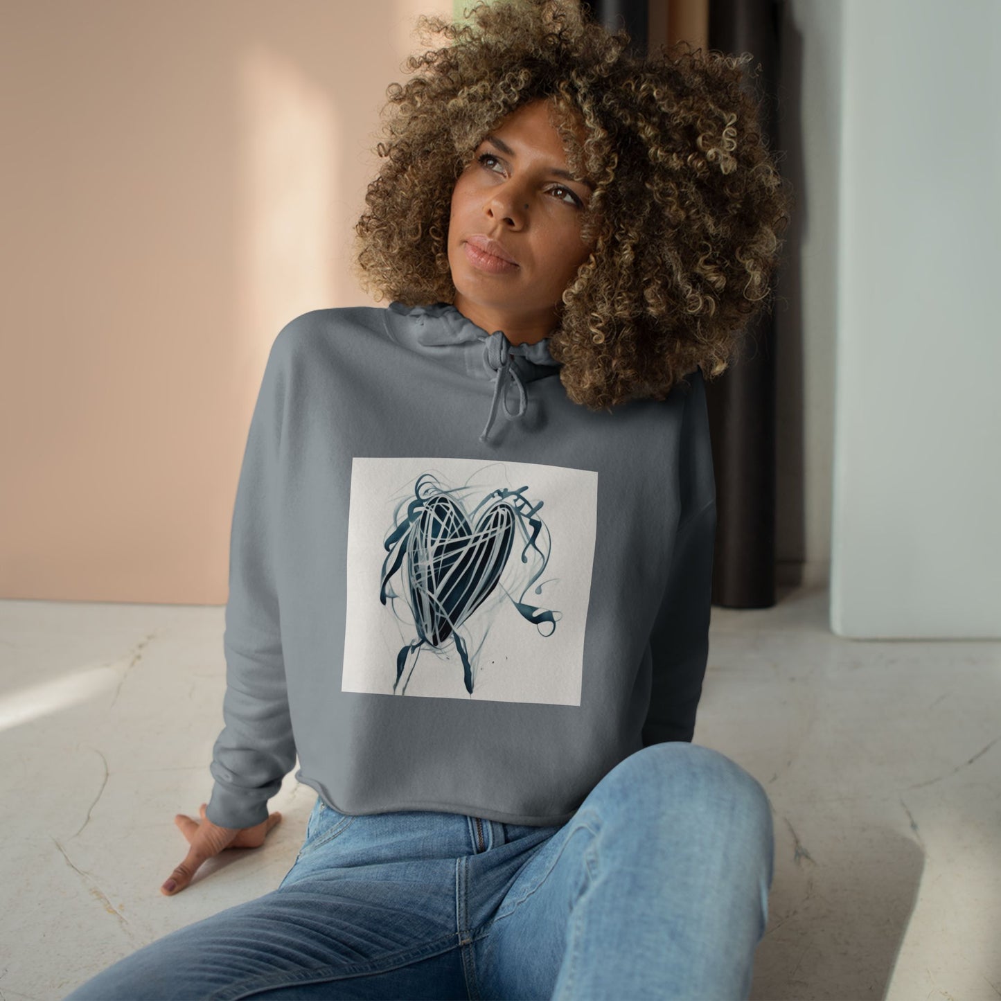 Cropped Hoodie — Abstract Blue Heart Brushstroke Design